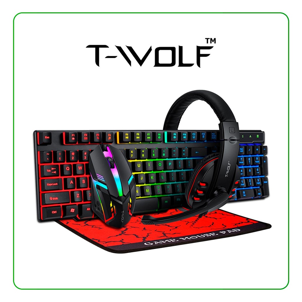 T-WOLF Combo 4 en 1- Clavier Souris Casque Tapis 