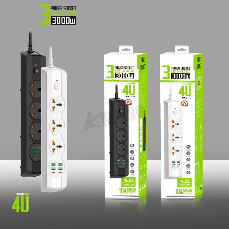 Rallonge 4U Multiprise BKL-19 avec 3 prises + 4 ports USB 