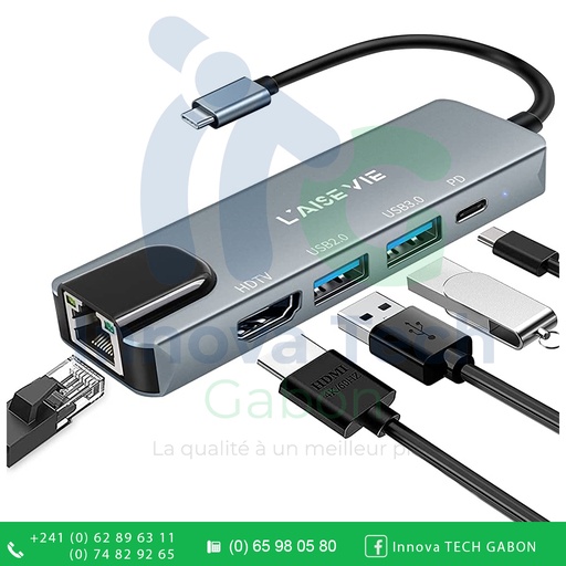 [ITG240246] Adaptateur multiport USB C Hub, Station d'accueil USB C 5 en 1 avec HDMI, Ethernet RJ45, USB3.0,PD 100 W